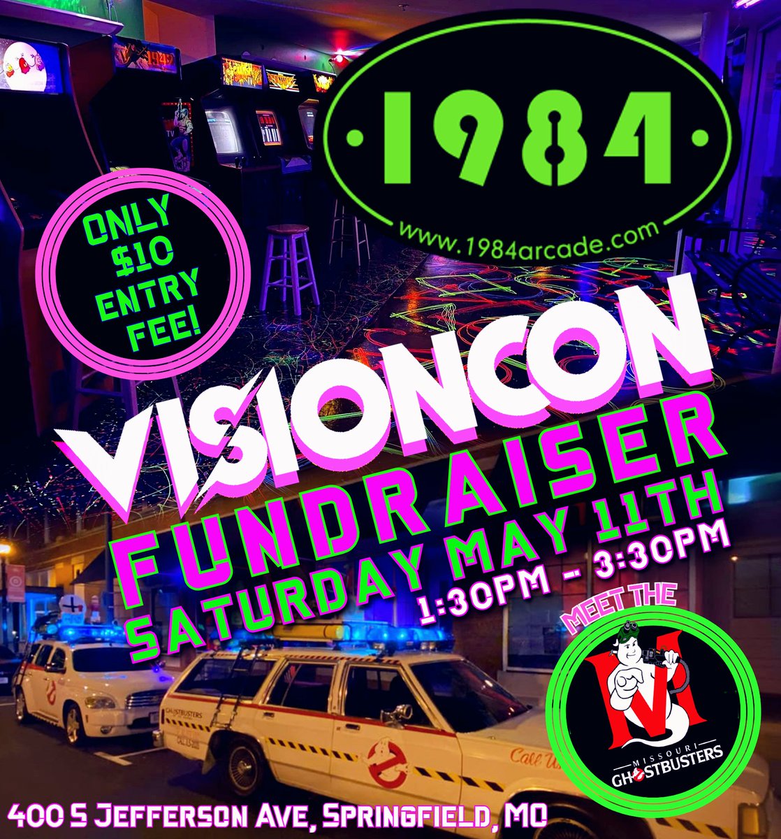 Join us at the best arcade in Springfield... 1984 arcade!
VisionCon will be hosting a special fundraising event for the public between 1:30pm-3:30pm on Saturday May 11th!
Only a $10 entry fee!
Also, the Missouri Ghostbusters will be there (along with their Ectomobile!)