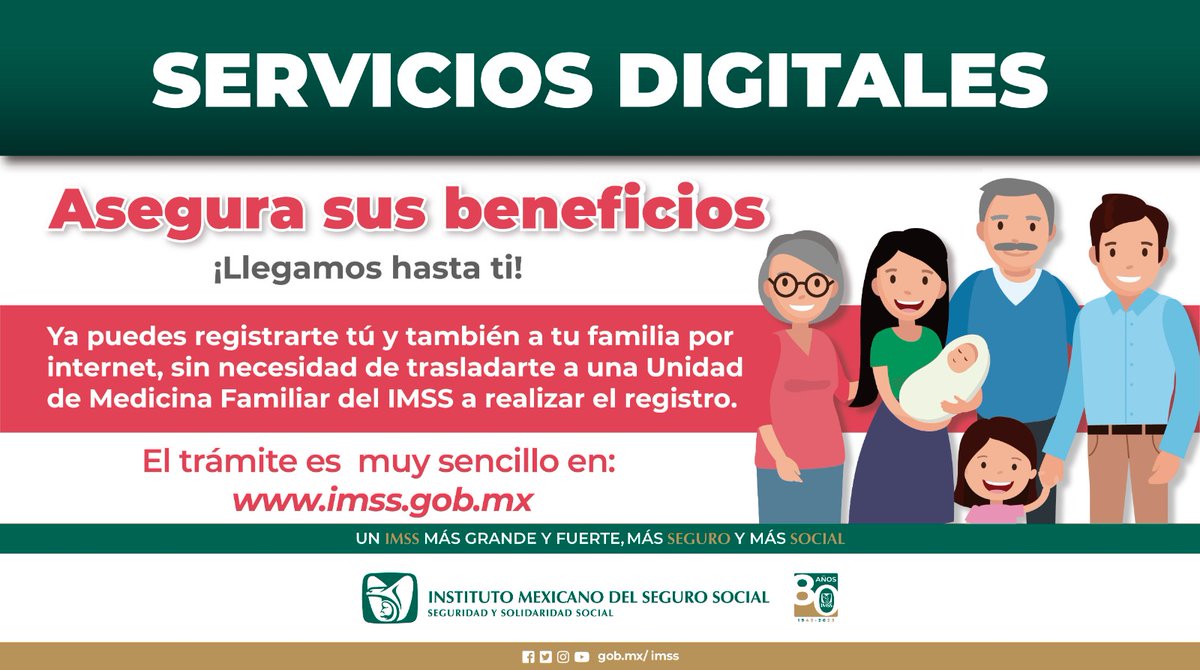 Ya puedes registrate tú y a tu familia por internet, sin necesidad de acudir a una Unidad de Medicina Familiar del #IMSS. 👨‍👩‍👧‍👦
Registralos en 💻 imss.gob.mx
Servicios Digitales para un #EntornoSaludable 😉