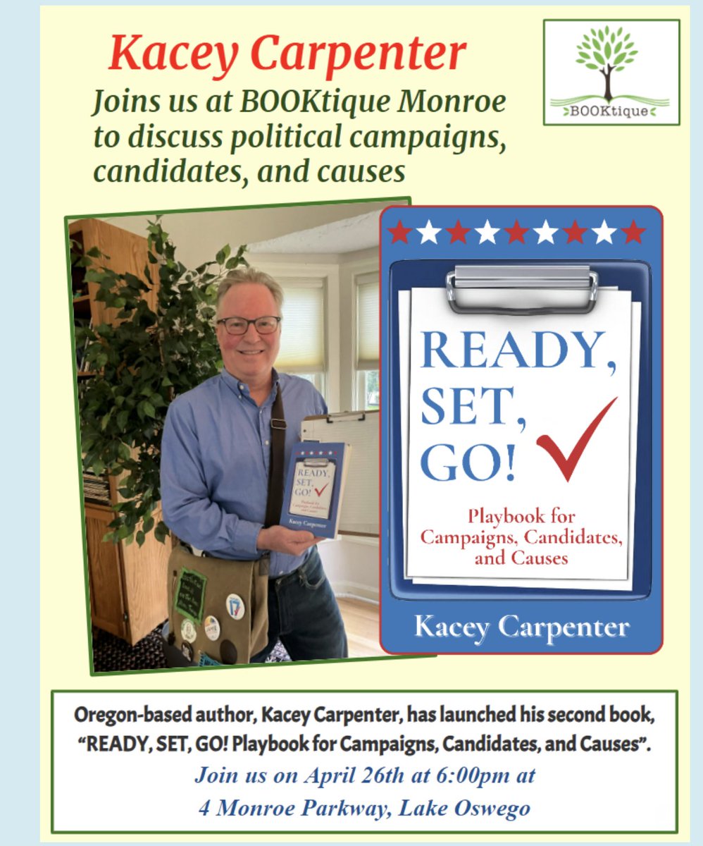 📚 Read, Register, Volunteer! Join us with Kacey Carpenter at BOOKtique, Lake Oswego on Apr 26, 6pm. Discuss campaigns, candidates, causes. Bring canned goods for local pantries. See you there! 🤗 #BookEvent #KaceyCarpenter #DemocracyInAction thebooktique.org