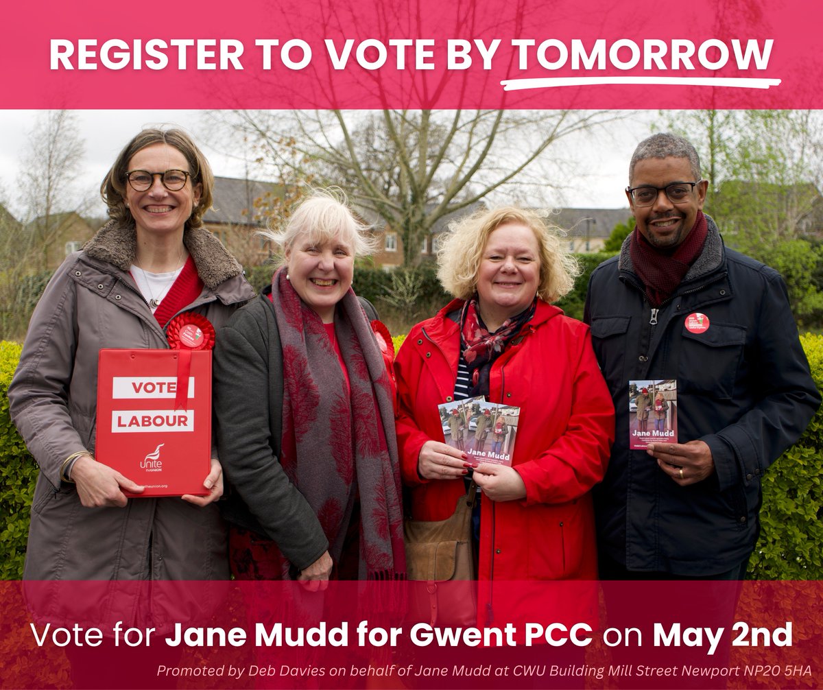You have until midnight tomorrow to register to vote for the upcoming PCC election in Gwent! #VoteLabour🌹 🔗 gov.uk/register-to-vo…