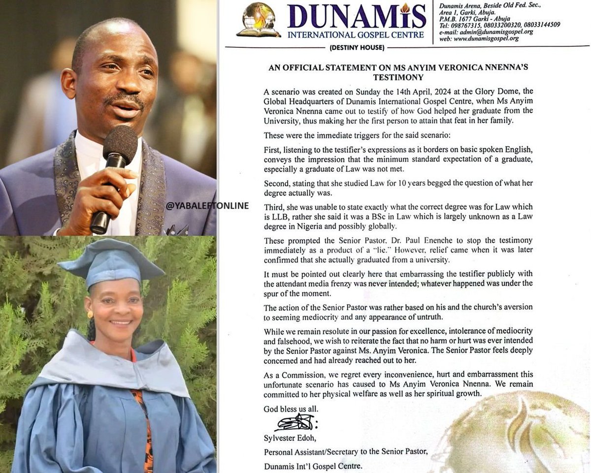 yabaleftonline's tweet photo. Dunamis Church tenders apology to Anyim Vera over alleged false testimony saga. https://t.co/8VFSmtvbOd