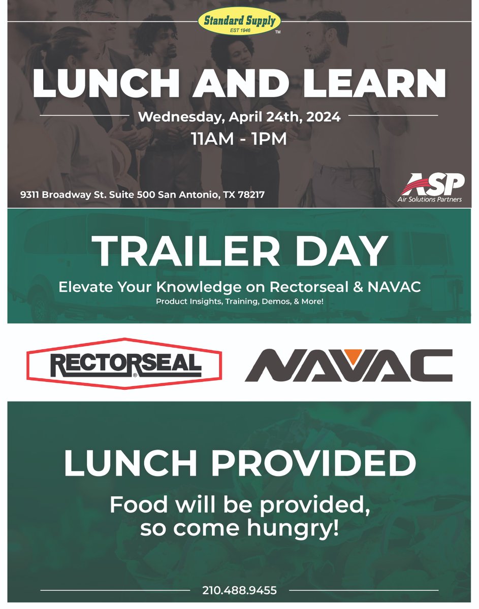Join us for a Lunch &amp; Learn Trailer Day at our San Antonio location! Come hungry and ready to hear from industry experts from Rectorseal and NAVAC!

Wednesday
4/24
11AM - 1PM

Food, product training, demos, &amp; more! 
See you there! 

#WeSetTheStandard #HVAC #SanAntonio