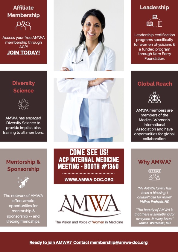 As an ACP Member, you receive an American Medical Women's Association (AMWA) affiliate membership at no extra cost! AMWA is the oldest multispecialty organization dedicated to advancing women in medicine & improving women’s health. More member info here: ow.ly/UYnq50RfiSa