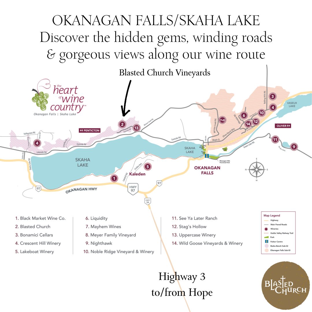 Visit us in #WineCountry ! Plan your #RoadTrip and Tour #OkanaganFalls & #SkahaLake Wine Region this season. We're open daily from 11 am to 4 pm. #BCWine #ExploreBC #Okanagan blastedchurch.com/reservation/