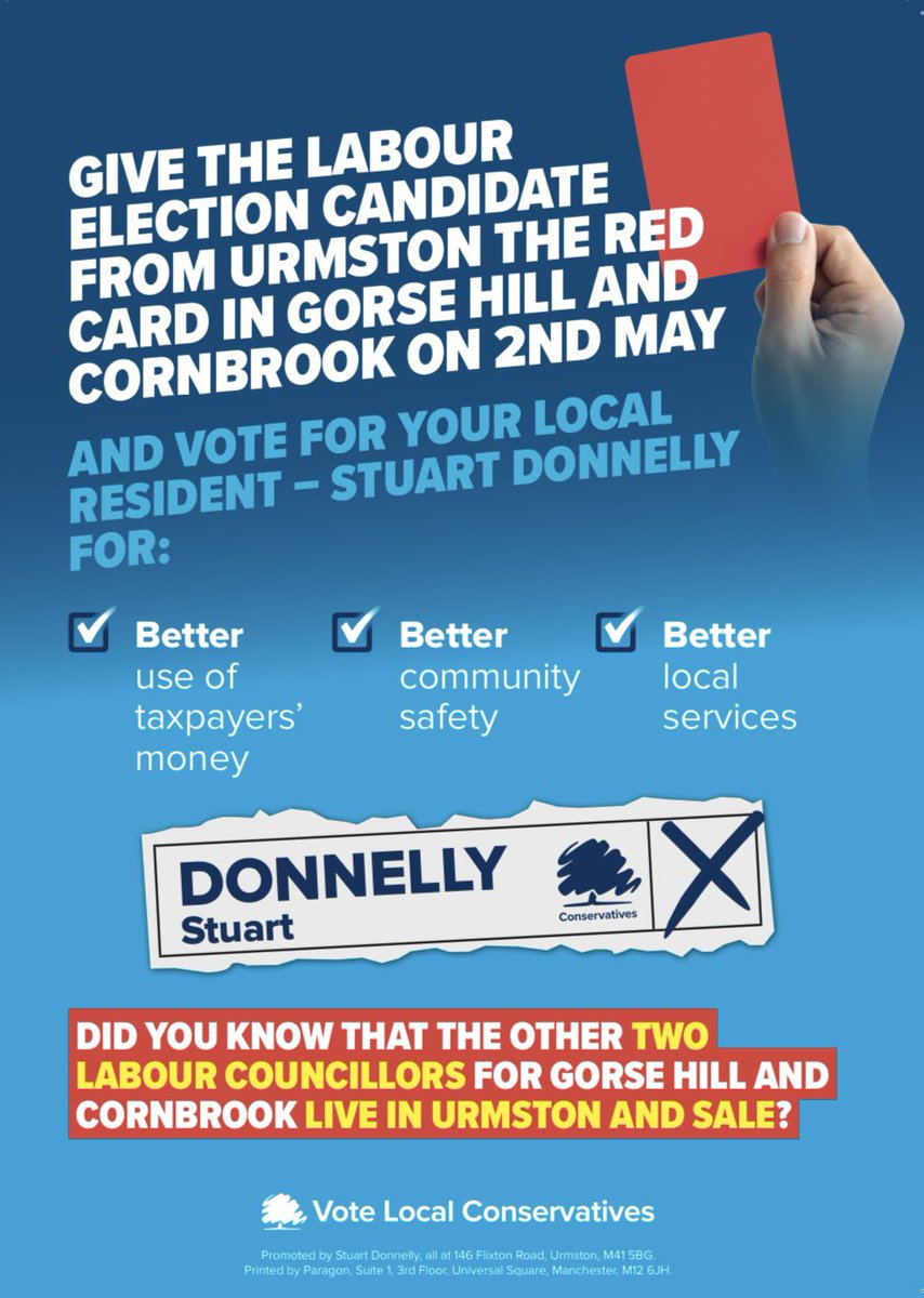 StuartDonnelly's tweet photo. Did you know that the Labour candidate in this election lives in Urmston and the other two Labour councillors live in Urmston and Sale? Labour's election candidate couldn't get elected anywhere else in #Trafford and now Labour are dumping him on #GorseHill and #Cornbrook https://t.co/sYNQchJzEp