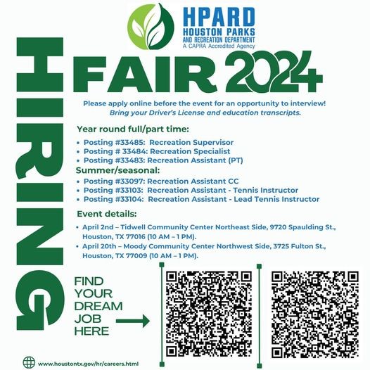 Come to our hiring fair this Saturday, April 20, at 10:00 AM at Moody Community Center. For information on open positions visit houstontx.gov/hr/careers.html.