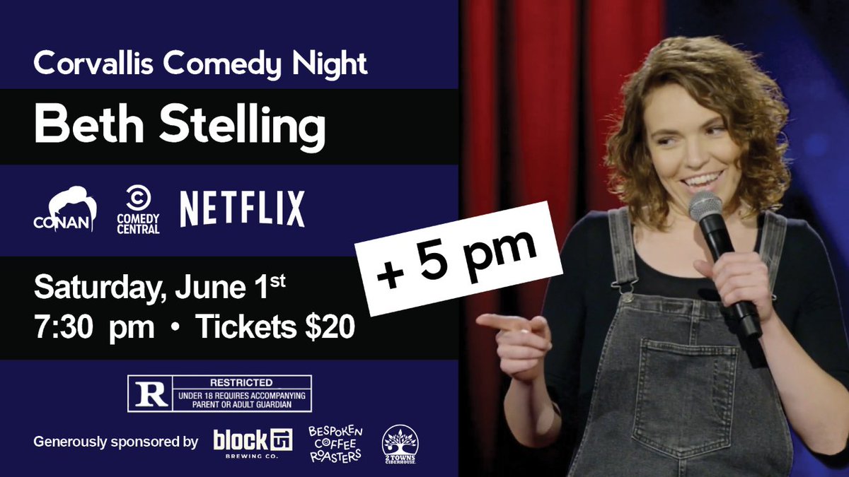 Great news! We've added a showing for our June 1st CCN with Beth Stelling! 
Grab your tickets to the shiny new 5pm performance now: i.mtr.cool/xuwaudhzet
#majesticcorvallis #corvalliscomedynight #bethstelling #standupcomedy #livecomedy