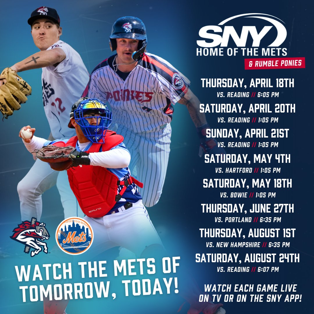 The Binghamton Rumble Ponies are pleased to announce that @SNYtv, the flagship television home of the @Mets, will broadcast at least eight Rumble Ponies games this season!