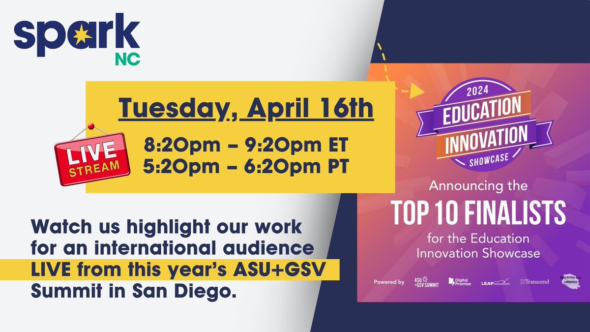 SparkNC is a Top 10 Finalist for the 2024 Education Innovation Showcase ✨✨✨ @asugsvsummit Watch us highlight our work for an international audience LIVE from this year’s ASU+GSV Summit in San Diego. ⬇️ asugsvsummit.com/live