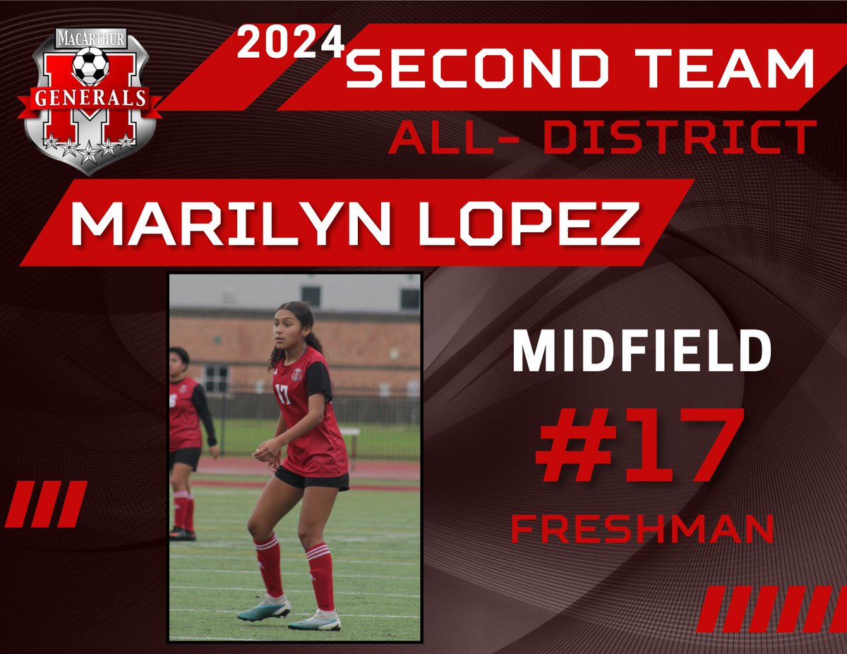 Congratulations🎉 to freshman, Marilyn Lopez for earning 2nd Team All-District.⚽️Her ability to control the game from the midfield is truly impressive. @MacArthur_AISD @Athletics_AISD #MPND