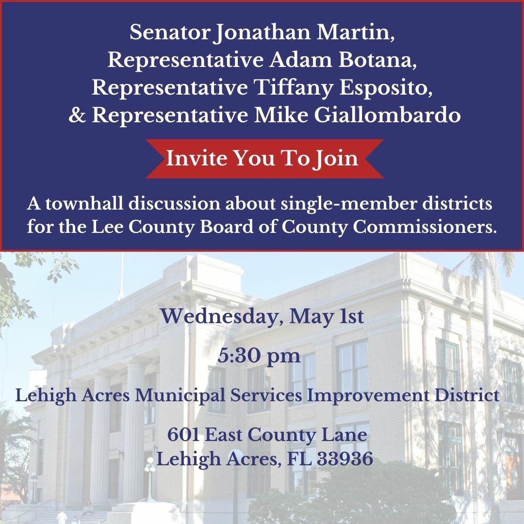You're invited to attend the first of many town hall meetings to discuss single-member districts for Lee County Board of County Commissioners. We look forward to seeing you!