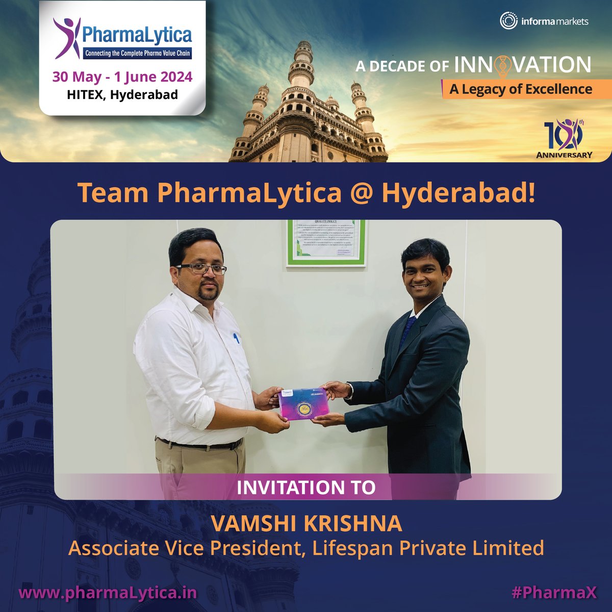 Excited to invite Mr. Vamshi Krishna & Lifespan Pvt Ltd team to PharmaLytica 2024 at HITEX, Hyderabad! Join us for top industry engagement 📅 May 30 - June 1 🕒 10 AM - 6 PM 🎫 

Register: bit.ly/42fflBK

#PharmaLytica2024 #NetworkingEvent #PharmaIndustry