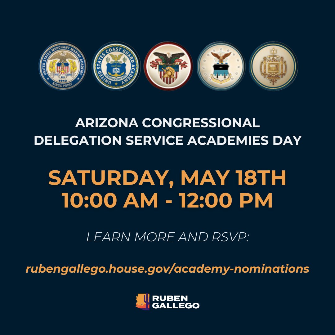 Join us for the virtual Arizona Delegation Academy Day! You'll have the chance to learn about the Service Academy application process and hear directly from Academy representatives. Learn more and RSVP at: rubengallego.house.gov/academy-nomina…