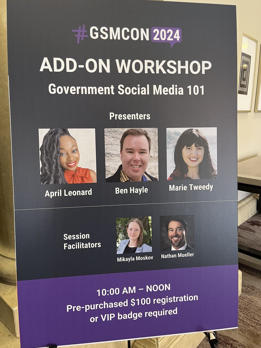 AndrewJBelanger's tweet photo. Lots of great tips are being shared by #SocialGov friends and colleagues @bhayle, @MarieTweedy1 &amp; April Leonard at #GSMCON2024’s Add on Workshop: Government Social Media 101. Thanks for moderating @mikaylamoskov &amp; @ndmueller2! https://t.co/DllcB6T6k7