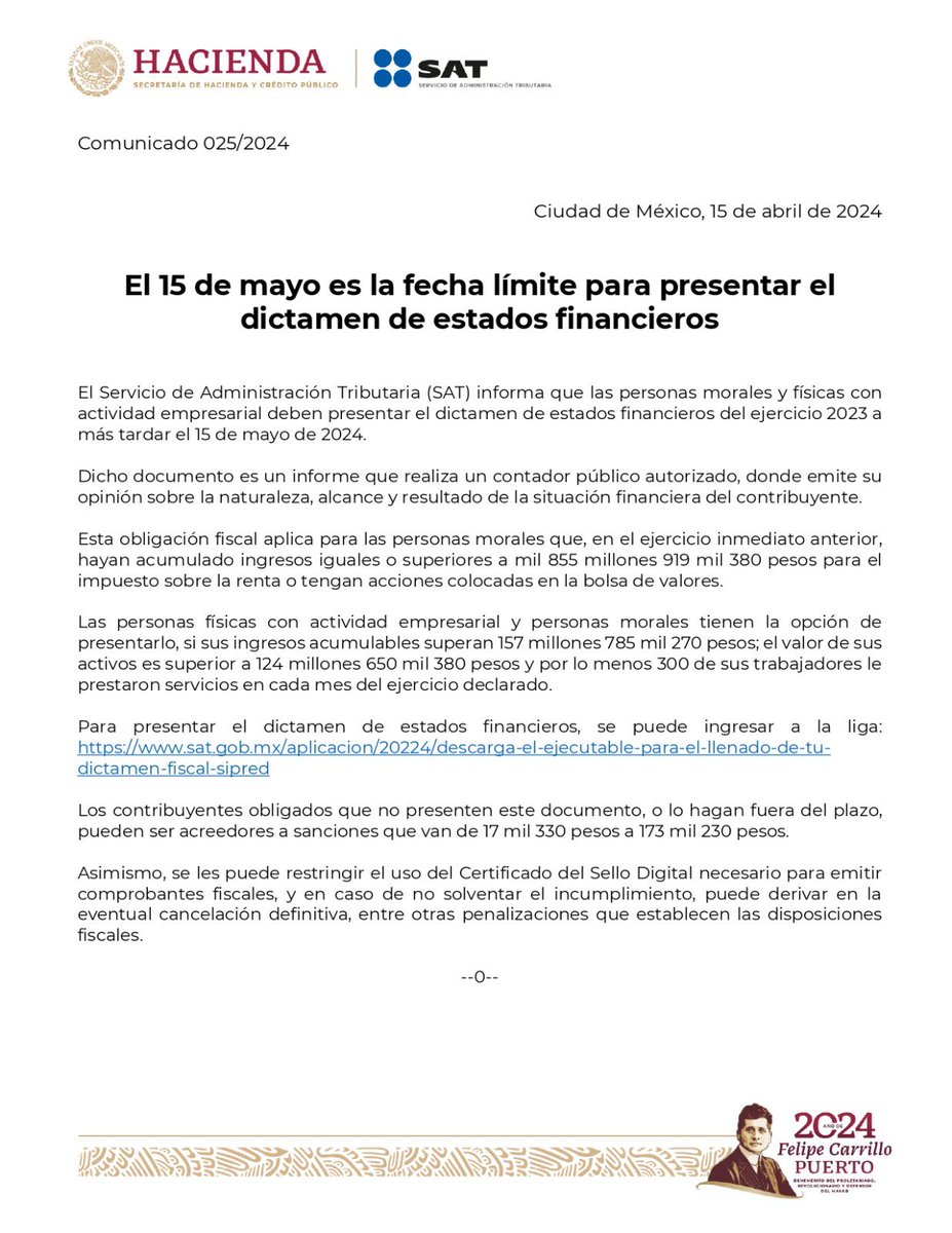 SATMX's tweet photo. #ComunicadoSAT 

El SAT recuerda a las personas morales y físicas con actividad empresarial que deben presentar el dictamen de estados financieros del ejercicio 2023 a más tardar el 15 de mayo.

Para presentarlo, ingresa a la liga:
https://t.co/rC8KzXsdcr https://t.co/WIVLZRImDD