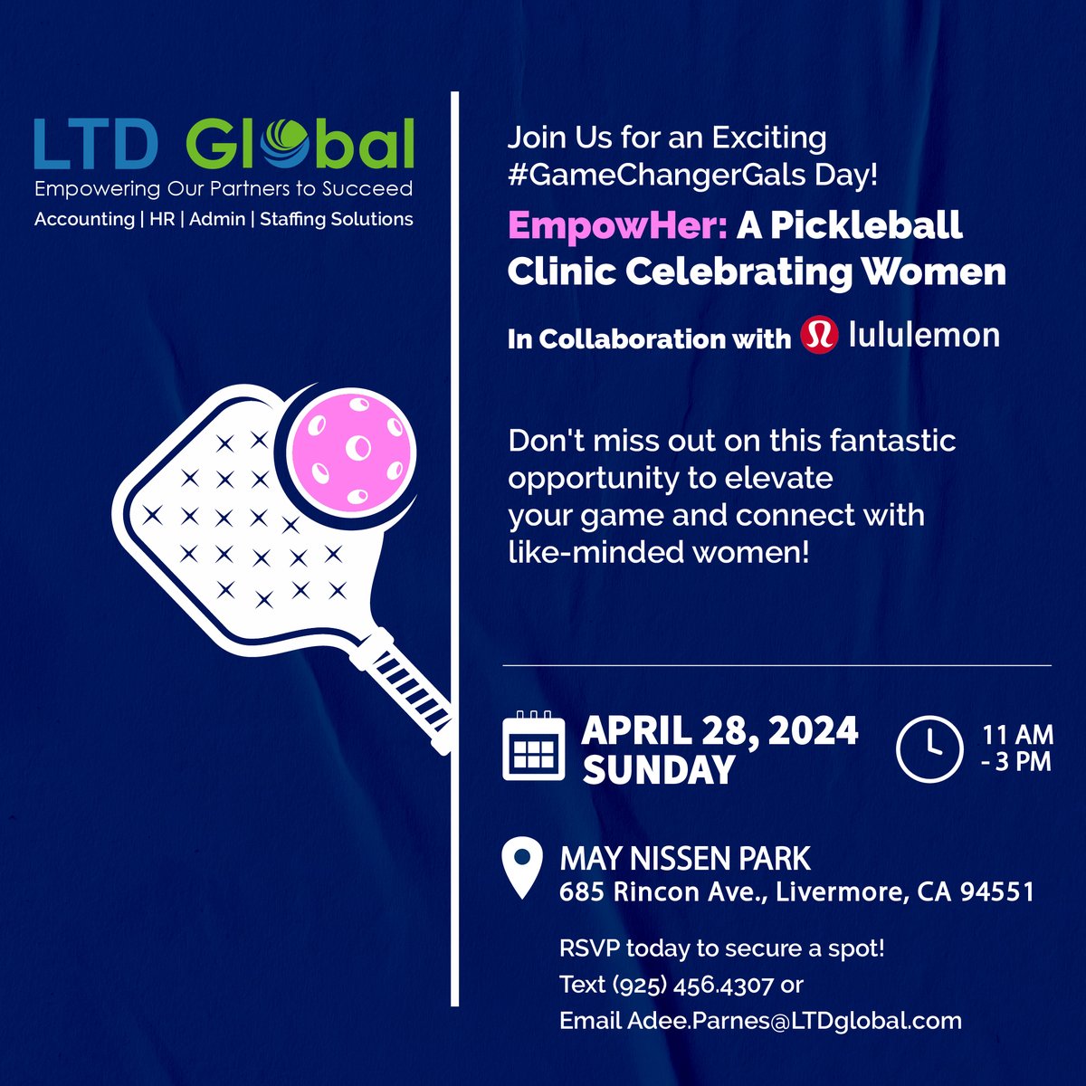 Event alert! We, in collaboration with @lululemon, are hosting 'EmpowHer: A Pickleball Clinic Celebrating Women' on April 28. See the details below and don't forget to RSVP today to secure a spot! #WomenOwned #BayArea #CommunityEvent