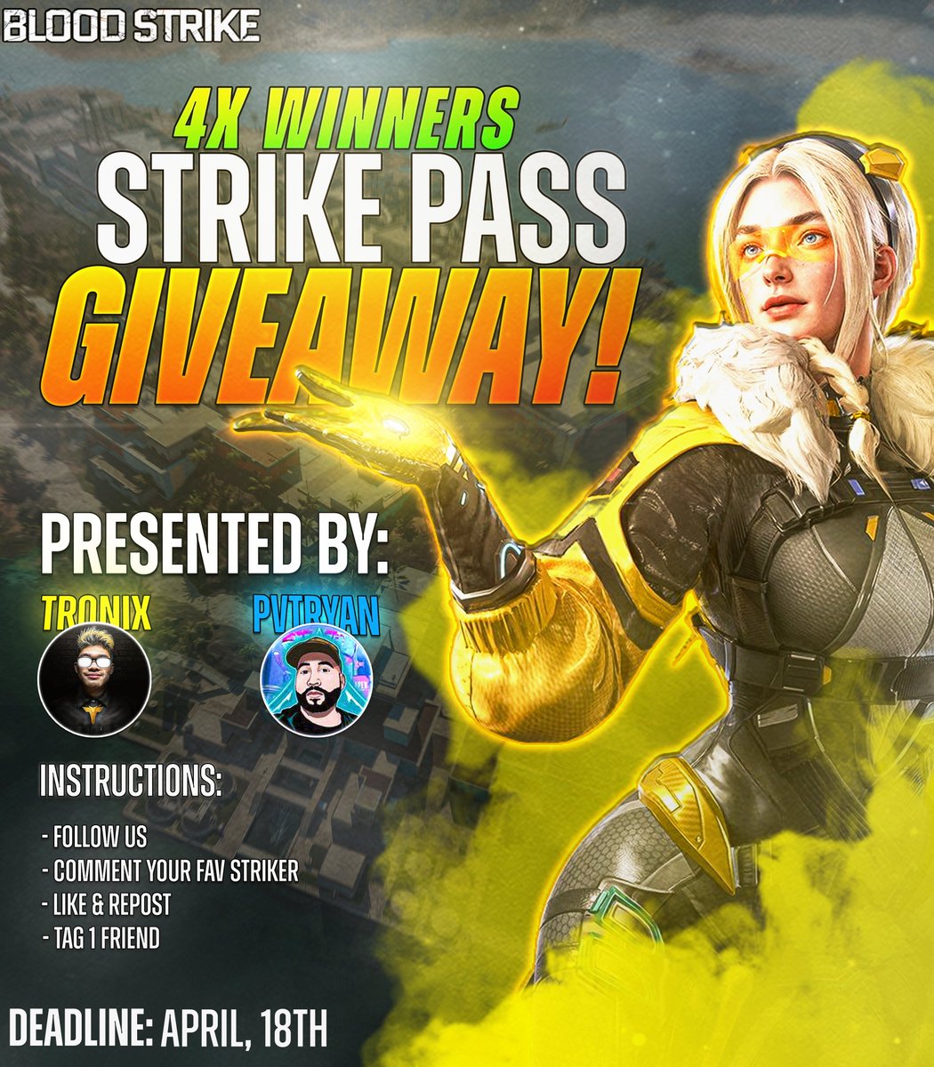 TRON1XYT's tweet photo. 🚨BLOODSTRIKE STRIKER PASS GIVEAWAY!🚀

📝Details:
🎁Giveaway Prize: 
4 $10 USD Apple or Google Gift Cards

🥇2 Winners from PvtRyan , 2 from Tronix. 4 Winners Total. 1 Winner from Twitter / 1 from YouTube Community Post for both PvtRyan and Tronix 

📋Instructions:
- Follow @PvtRyan312 & @Gamingwtronix Twitter and Subscribe to both on YouTube (Links on Twitter bio) 
-Comment your Favorite Striker
-Like and Repost

💥Winners will be determined by elimination wheel raffle live on next stream (Thursday)

Deadline: Thursday April 18th. Winners will be announced on Twitter X, YouTube, and Discord. 
#Bloodstrike #Bloodstrikemobile