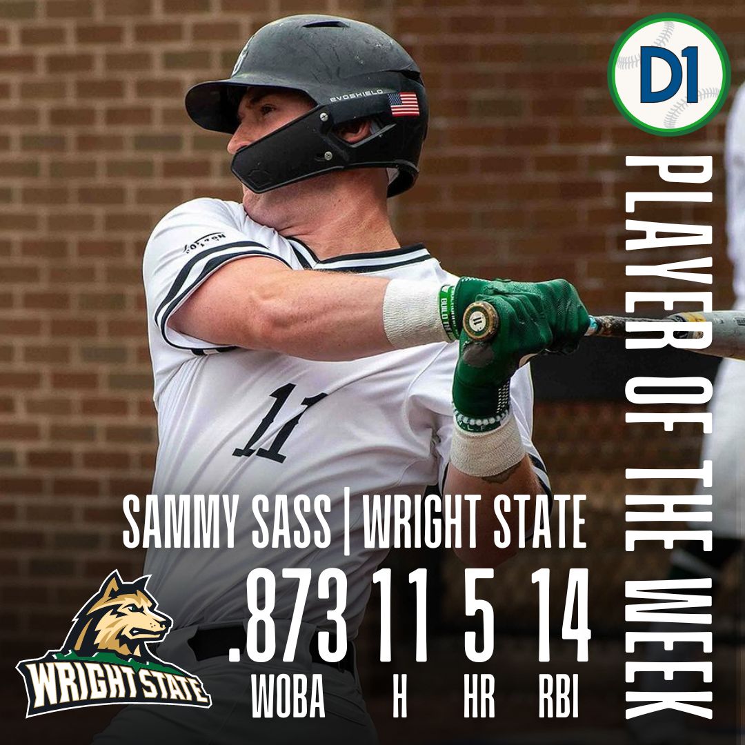 🏆 𝐃𝟏𝐁𝐚𝐬𝐞𝐛𝐚𝐥𝐥 𝐏𝐥𝐚𝐲𝐞𝐫 𝐨𝐟 𝐭𝐡𝐞 𝐖𝐞𝐞𝐤 🏆 Sammy Sass | @WSURaidergang .873 wOBA 11 H 5 HR 14 RBIs