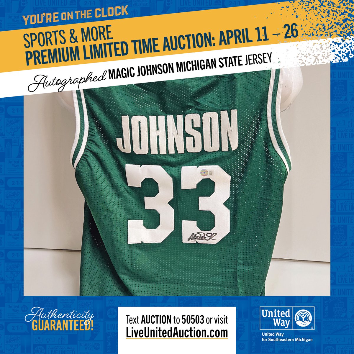 UnitedWaySEM's tweet photo. Hey 👋 you can score this autographed Magic Johnson @michiganstateu Jersey 🏀 AND help support those in need in our community. Visit https://t.co/JGZ9YJv0Iq to check out our Sports &amp; More Premium Auction. Get your bids in today through April 26! 👏 https://t.co/uYxUJS6R1r