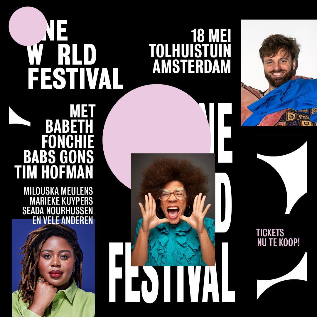 Kom naar het eerste OneWorld Festival op 18 mei! Met o.a. @debroervanroos, @KuypersMarieke, Milouska Meulens, Babs Gons, Babeth Fonchie Fotchind, @seadanourhussen en de @BonteWasPodcast. Verder: poëzie, muziek, expo en boekenmarkt! Koop nu je ticket! tolhuistuin.nl/evenementen/on…