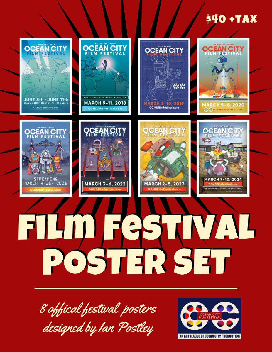 Official OC Film Festival poster sets are currently being sold at the Art League of Ocean City on 94th street! Get all 8 posters designed by the amazing Ian Postley for $40 😊 Stop in while supplies last!