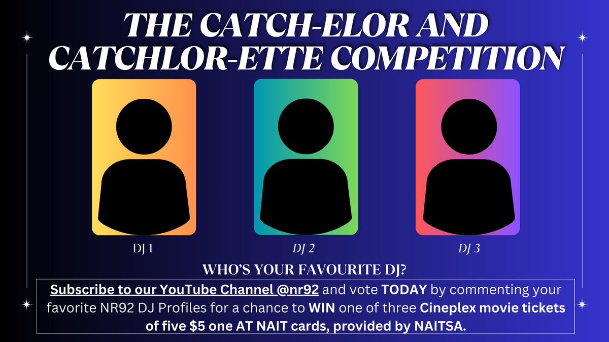 NR92's tweet photo. Want to find out who our lucky contestants are?

Head on over to the @NR92 YouTube channel today to find out! 
Subscribe and vote before April 22nd, 2024 and you could win a #cineplex movie ticket provided by @NAITSA.

So, what are you waiting for? Go and #vote today. https://t.co/EWkDOOR5d8