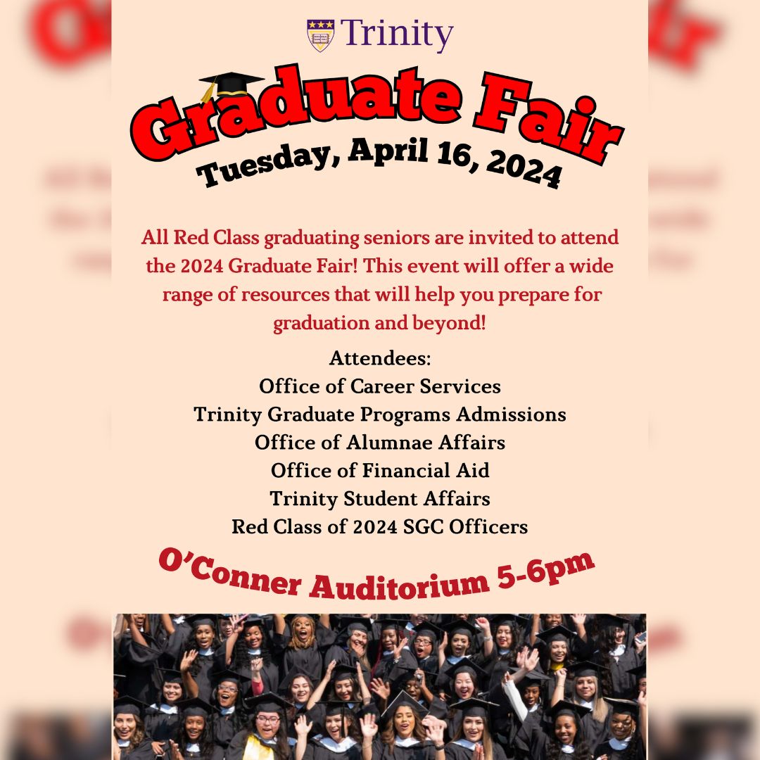 TOMORROW (Tue, Apr 16) 5pm, O'Connor Auditorium: All Red Class graduating seniors are invited to attend the 2024 Graduate Fair! This event will offer a wide range of resources that will help you prepare for graduation and beyond! buff.ly/3w0pciO