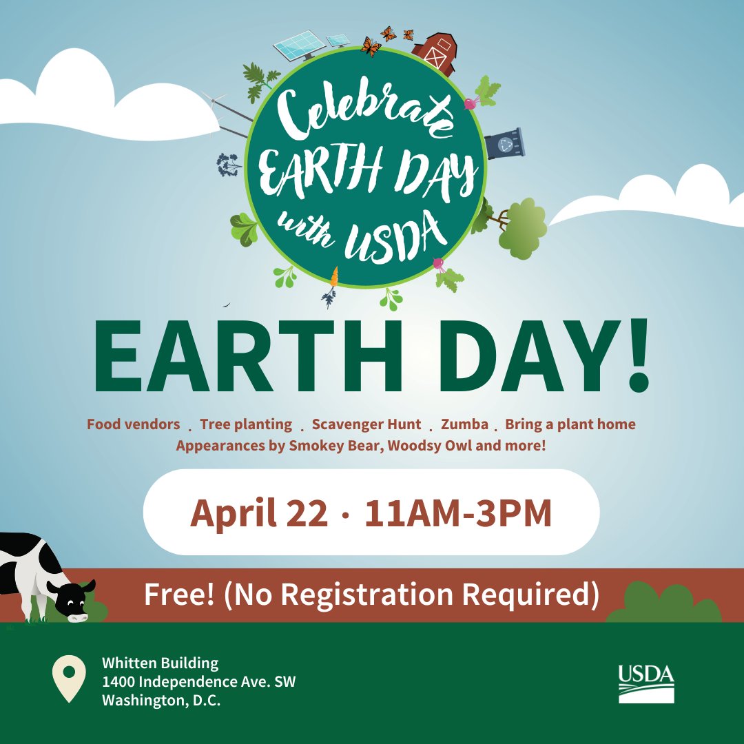 Only one week away! Join us for an Earth Day celebration at the USDA Whitten Building in D.C. on April 22. Explore sustainability initiatives, connect with community partners, and enjoy activities for all ages. No RSVP required! Learn more: usda.gov/earthday #EarthDay 🌎