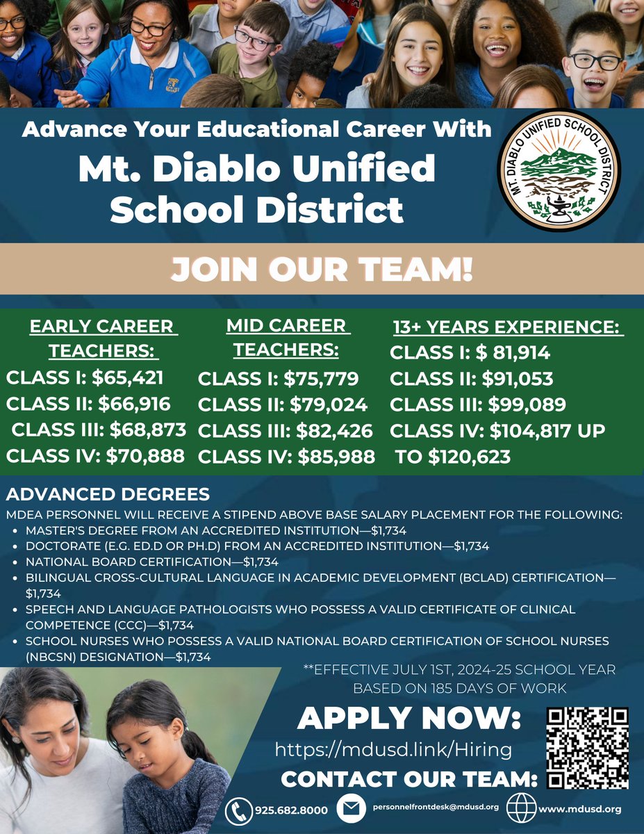 Are you passionate about making a difference? At @MtDiabloUSD, we aim to innovate and inspire in the classroom and community. 
mdusd.link/Hiring

#EducationJobs #DiversityInEducation #TeachingJobs #InclusiveHiring