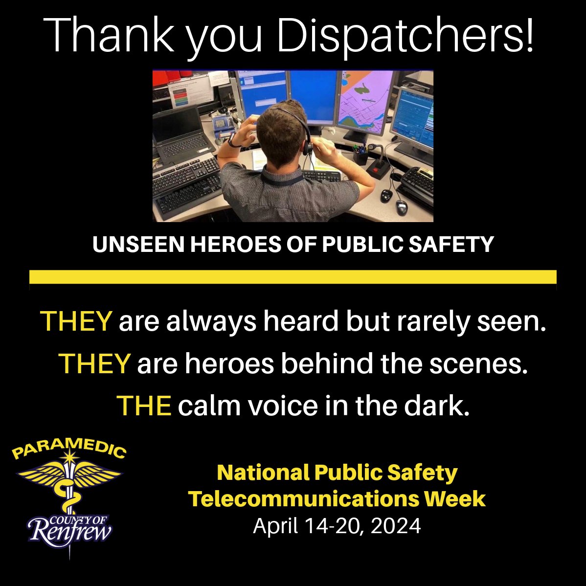 To the incredible dispatchers at Renfrew CACC, Happy National Public Safety Telecommunicators Week, honouring those who serve as public safety telecommunicators, including dedicated Ambulance Communications Officers (ACOs). We are grateful every day for the work they do! #NPSTW