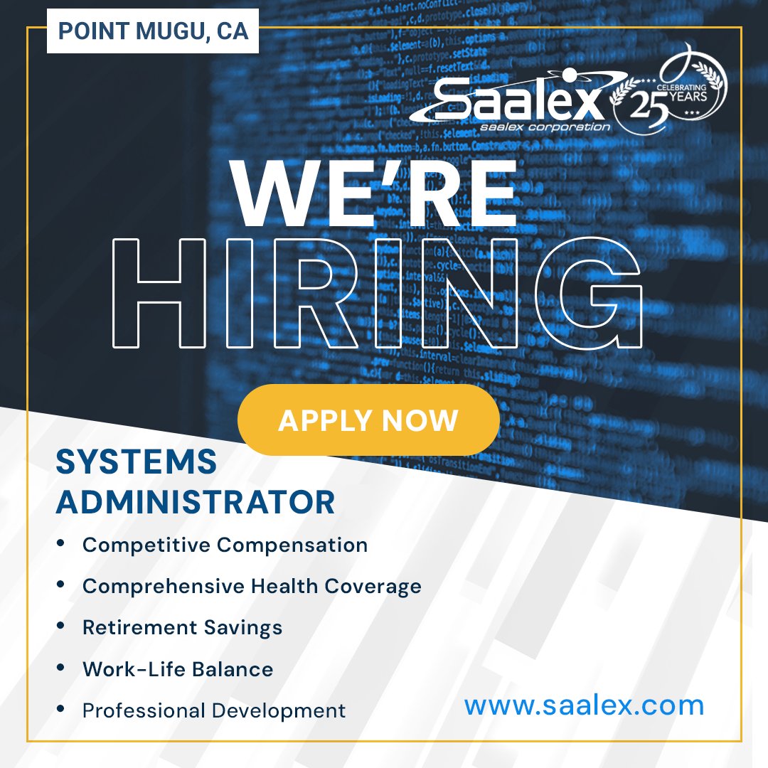 Apply Now! Saalex Solutions is offering an excellent opportunity for a Systems Administrator I position in Naval Air Station Point Mugu, CA.  #SystemsAdministrator #NavalAirStation #ITJobs #CaliforniaJobs #militaryjobs #VeteransEmployment
ow.ly/BAAX50Rfu7g