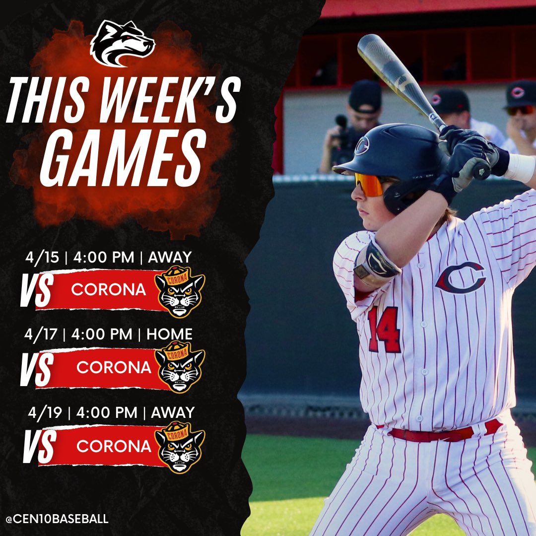 🚨 THIS WEEK’S GAMES 🚨 Cen10 will be playing Corona HS in a three game series! #Cen10baseball #GameDay