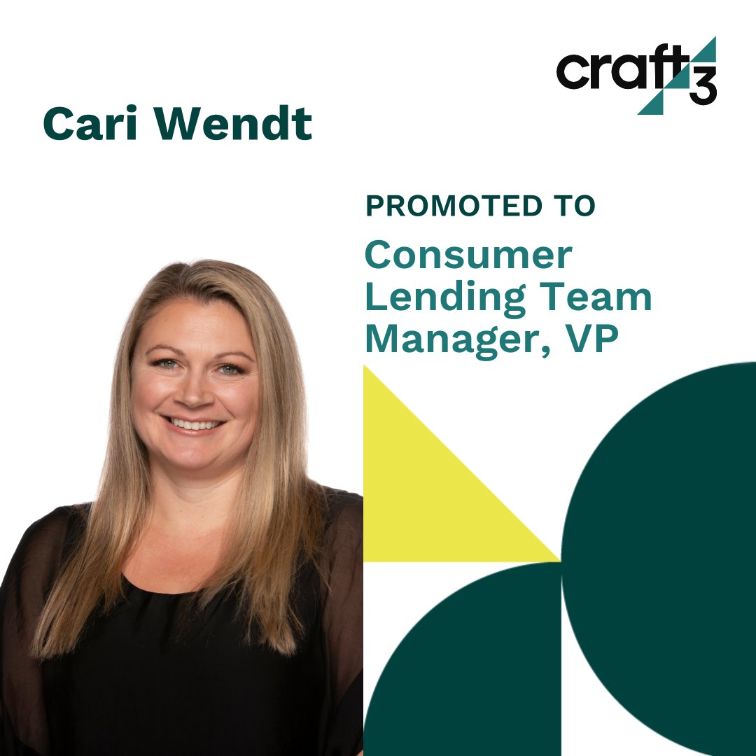 Craft3Org's tweet photo. 🌟 Congratulations to Cari Wendt on her promotion to Consumer Lending Team Manager VP! Her dedication and expertise will drive success in this new role. Best wishes, Cari! #Promotion #PromotingWithin #TeamSuccess #CareerMeetsPurpose #Craft3Team https://t.co/Z6l2sXDurF