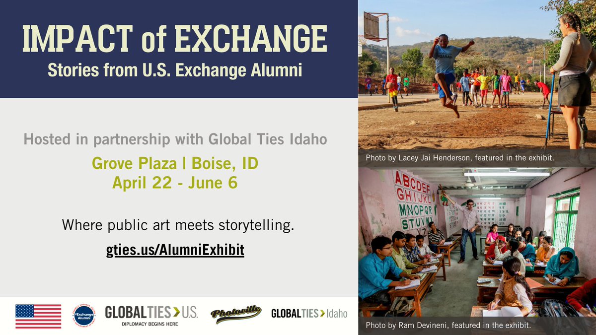 In ONE week, the traveling #ImpactOfExchange photo exhibit will arrive in Boise, ID. This public art display features U.S. #ExchangeAlumni stories and photos from around the world. Catch the exhibit April 22-June 6. Details at: gties.us/AlumniExhibit @ExchangeAlumni @Photoville