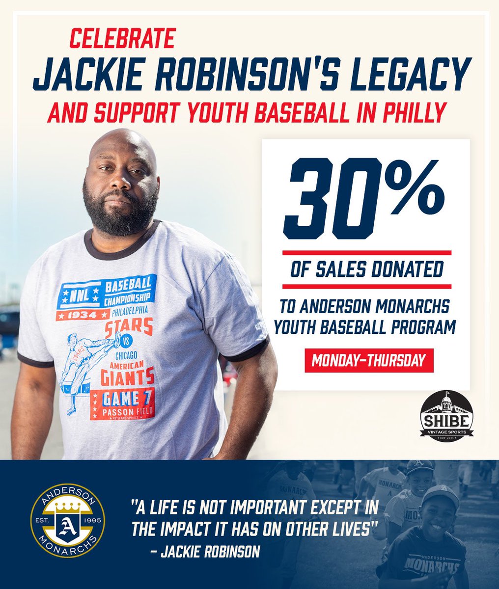 Happy Jackie Robinson Day! Our annual fundraiser to support @AndersonMonarch begins today. 30% of all sales between now and Thursday will be donated to help support youth baseball in Philly. 🧢: shibevintagesports.com