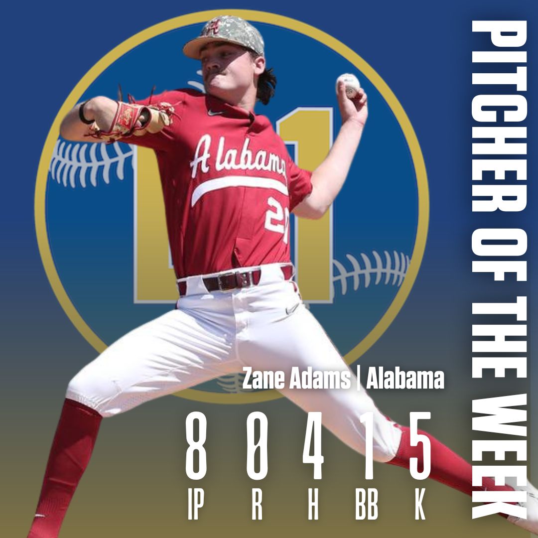 SEC on D1Baseball (@sec_d1baseball) on Twitter photo 𝐒𝐄𝐂 𝐄𝐱𝐭𝐫𝐚'𝐬 𝐏𝐢𝐭𝐜𝐡𝐞𝐫 𝐨𝐟 𝐭𝐡𝐞 𝐖𝐞𝐞𝐤
Zane Adams | <a href="/AlabamaBSB/">Alabama Baseball</a>
8 IP
0 R
4 H
1 BB
5 K
🔗 buff.ly/3JhZtpl 𝐒𝐄𝐂 𝐄𝐱𝐭𝐫𝐚'𝐬 𝐏𝐢𝐭𝐜𝐡𝐞𝐫 𝐨𝐟 𝐭𝐡𝐞 𝐖𝐞𝐞𝐤
Zane Adams | <a href="/AlabamaBSB/">Alabama Baseball</a>
8 IP
0 R
4 H
1 BB
5 K
🔗 buff.ly/3JhZtpl