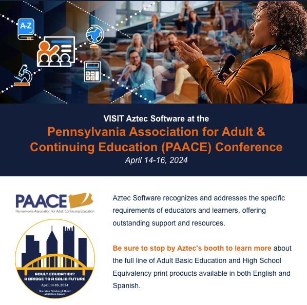 Aztec Software is proud to sponsor, exhibit and present at the 2024 Pennsylvania Association for Adult Continuing Education (@PAACEedu) Conference! 
#PAACE #PAACE2024 #adulted #adultedu #adulteducation #AdultBasicEducation