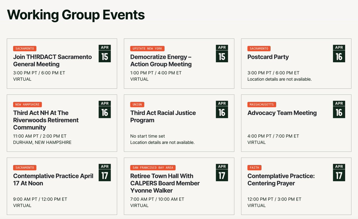 Keep up to date with #ThirdAct Working Groups by visiting our website's events page. This is your one-stop shop for all upcoming events, including general meetings, postcard parties, campaign meetings, and more. Discover this month's sched: thirdact.org/working-groups… #climateaction