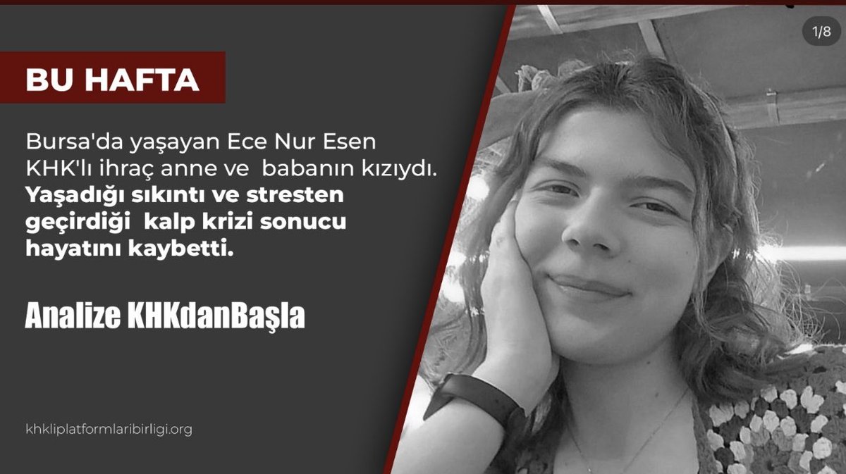 Bu dünyalar güzeli hayatını kaybetti. Ece nur Esen 16 yaşındandaydı. Bursa'da KHK ihraç anne, babanın kızıydı. Maddi, manevi sıkıntılar, bir de anneye ceza verilince 2-3 aydır oldukça kötüleşmiş. 16 yaşında kalp krizi geçirdi acılara minik kalbi dayanmadı.😔 Analize KHKdanBaşla