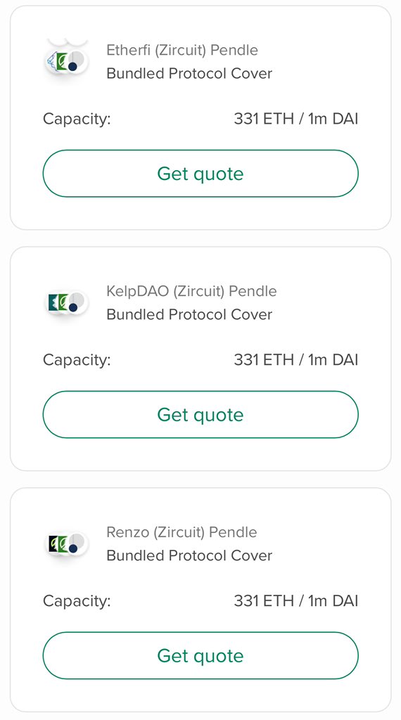 Looks like the @ZircuitL2 Bundled Protocol Cover listings for the Pendle markets are live 👀 ➡️ eETH Zircuit Pendle: app.nexusmutual.io/cover/buy/get-… ➡️ ezETH Zircuit Pendle: app.nexusmutual.io/cover/buy/get-… ➡️ rsETH Zircuit Pendle: app.nexusmutual.io/cover/buy/get-…