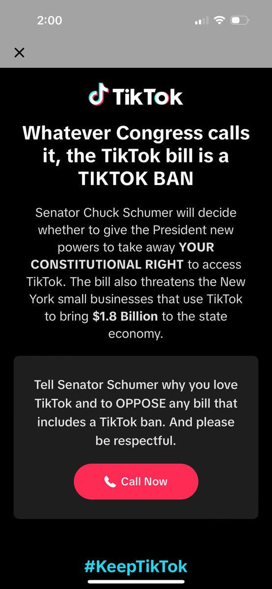 TikTok is fighting back hard. New York users just had this pop up, they’re not going quietly. The #TikTok ban is ridiculous. Maybe ban all companies from mass collecting and selling our data? Or ban the websites that are actually destroying our young men like PornHub… 🤔