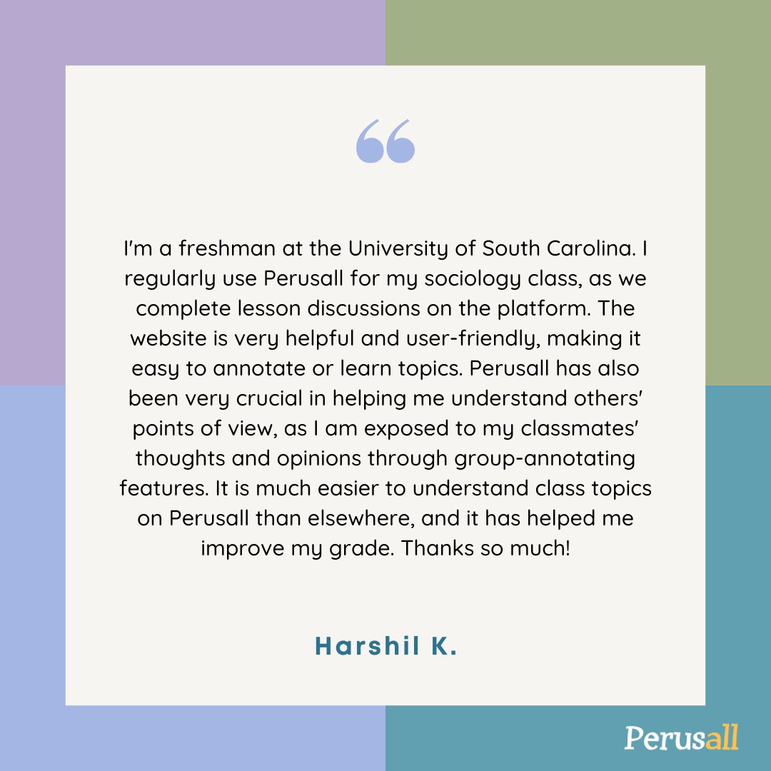 We love to hear from #students using our social learning platform! 🌟🎓

Swipe to see what @UofSC students are saying about their experience with #Perusall!

Discover more: hubs.li/Q02rxVJf0 or contact us at support@perusall.com. 
#SocialLearning