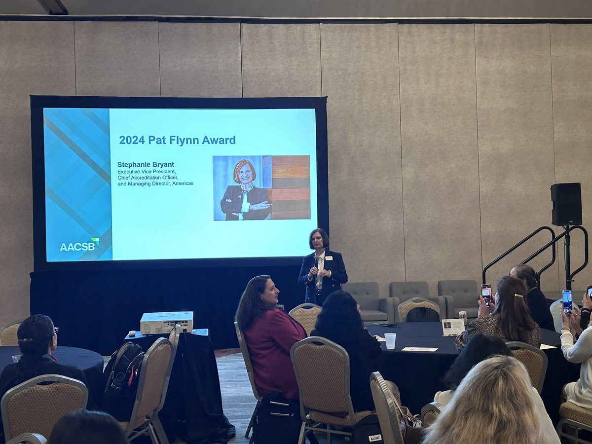 AACSB's tweet photo. โI could not imagine a better way to serve, I really think itโs what Iโm placed on earth for. To serve and to help all of you, individually, and at the school level, to truly shine.โ @StephMBryant accepts the Pat Flynn award from #WAME at #ICAM24. https://t.co/mUcsaoPofm