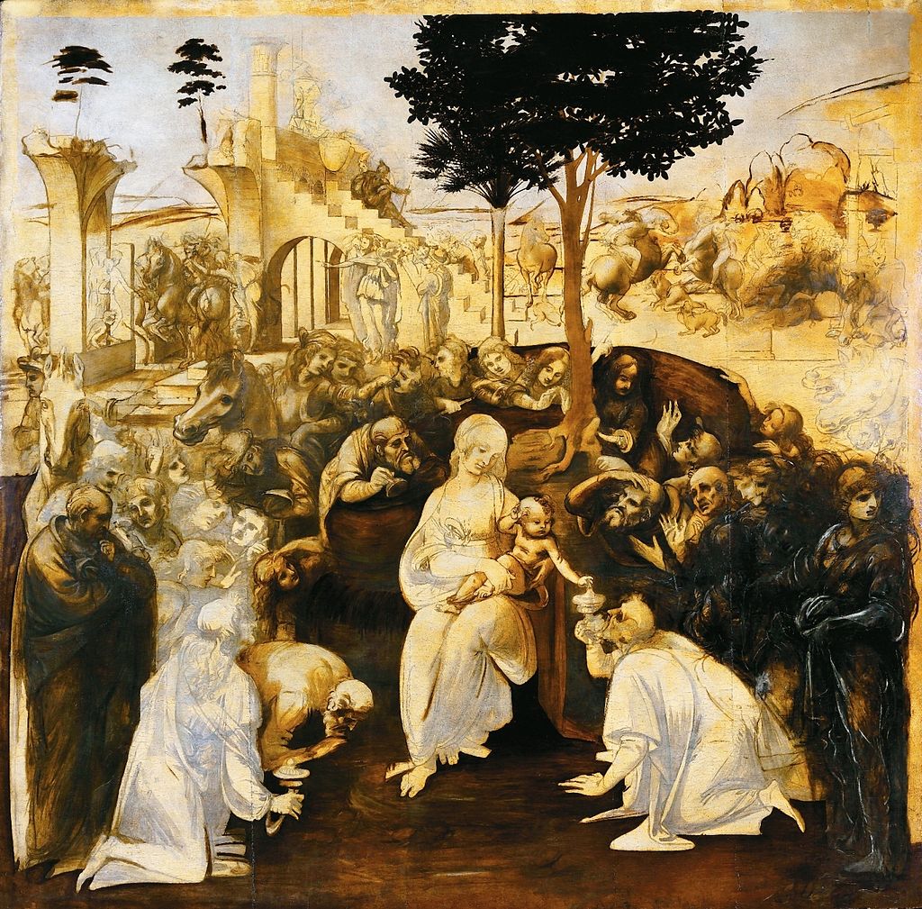 9. Perspective - Adoration of the Magi This unfinished early painting was meant to showcase Leonardo's expertise in composition and perspective. 'The art of perspective is of such a nature as to make what is flat appear in relief and what is in relief flat.' -Leonardo da Vinci