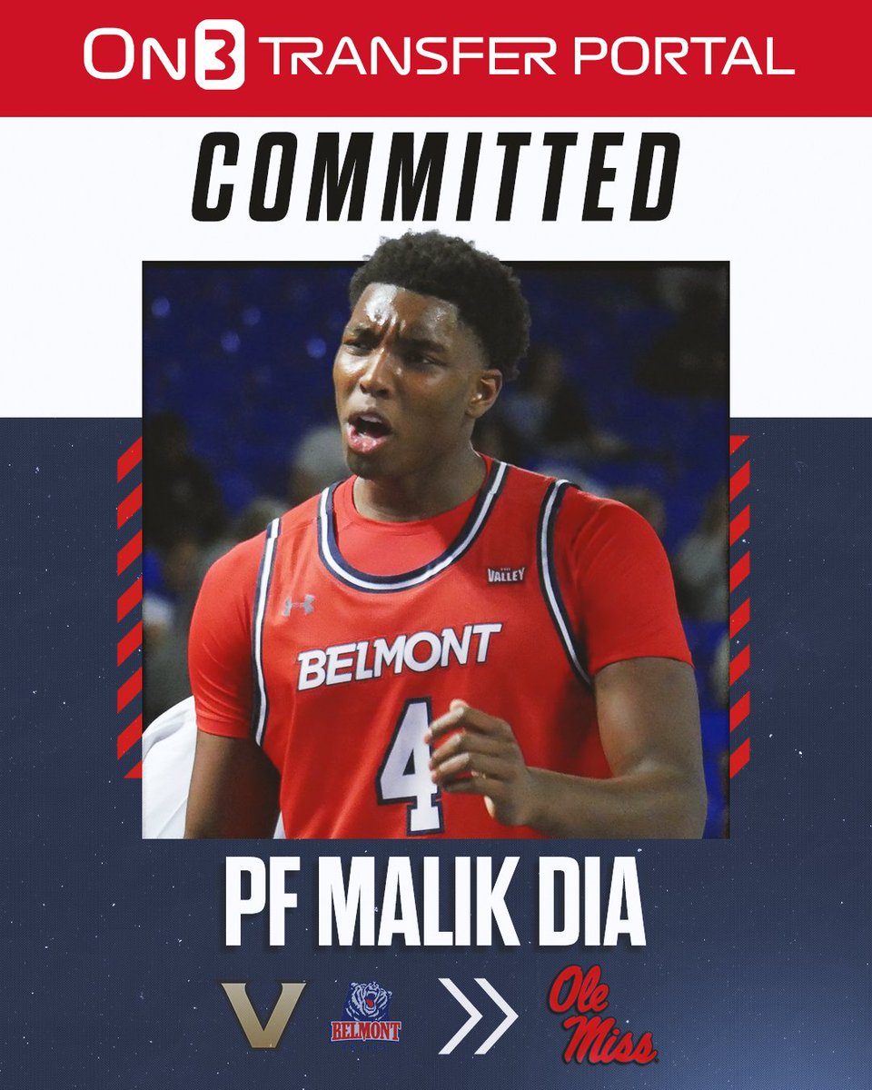 Another one for Chris Beard and Ole Miss as former Vanderbilt and Belmont PF Malik Dia announces he has committed to the Rebels. He just wrapped up his official visit to Oxford Sunday. Last season, the 6-foot-9 prospect averaged nearly 17 points per game on3.com/teams/ole-miss…