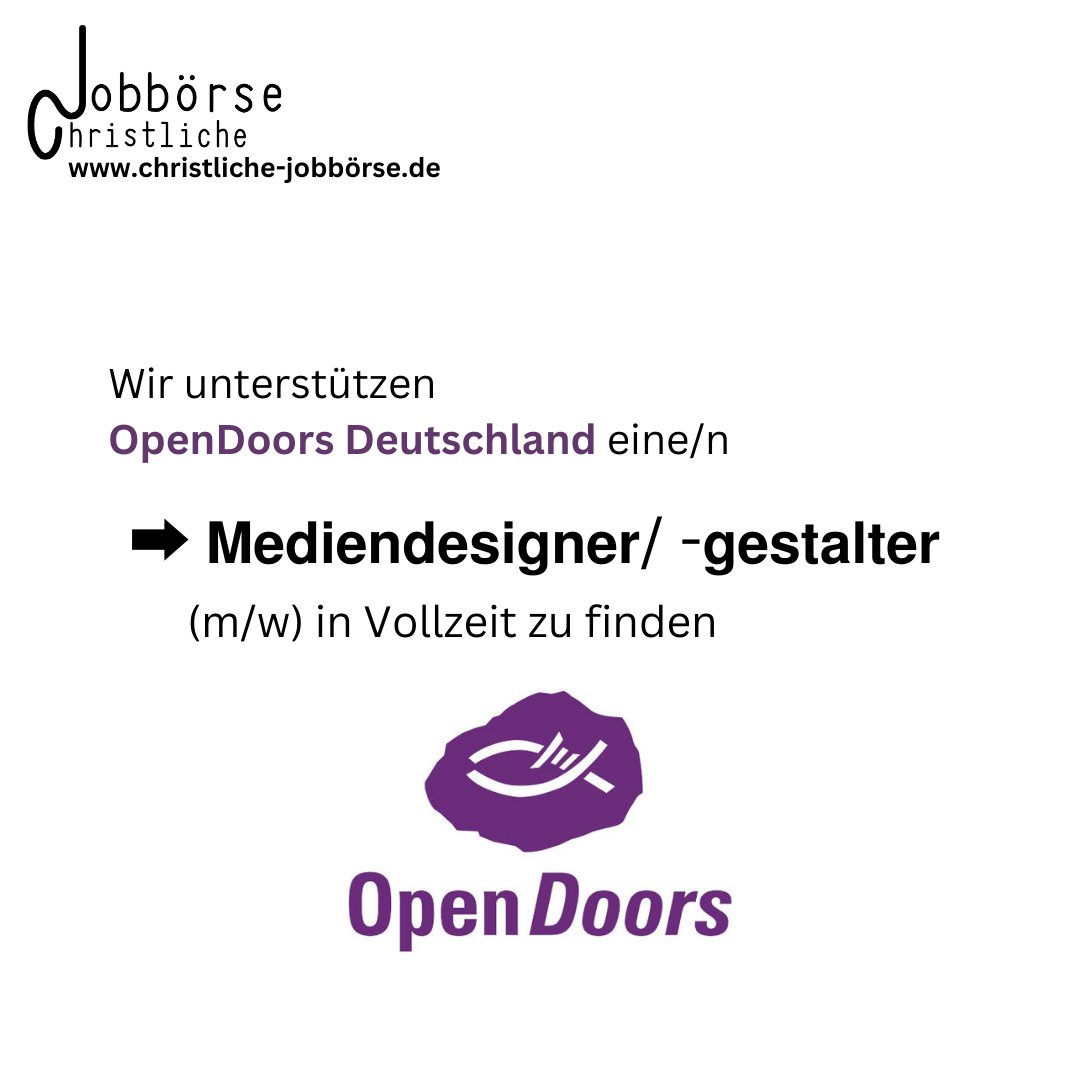 ➡ 𝗠𝗲𝗱𝗶𝗲𝗻𝗱𝗲𝘀𝗶𝗴𝗻𝗲𝗿/ -𝗴𝗲𝘀𝘁𝗮𝗹𝘁𝗲𝗿 (m/w) in Vollzeit

✔ Wir beten für Mitarbeiter, die unsere Berufung zur Stärkung verfolgter Christen teilen.
christliche-jobboerse.de/stellenangebot…

#OpenDoors #Mediendesign #Kelkheim #christlich #Glauben #Christen #Berufung