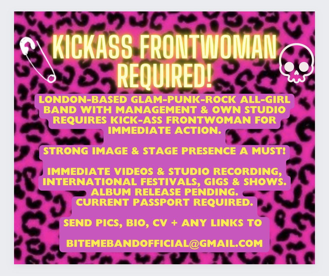 CALLING ALL KICKASS FRONTWOMEN!!

<a href="/BiteMeBand/">Bite Me</a> are looking for an amazing singer and performer - London based - incredible opportunities coming up!

Email - bitemebandofficial@gmail.com
