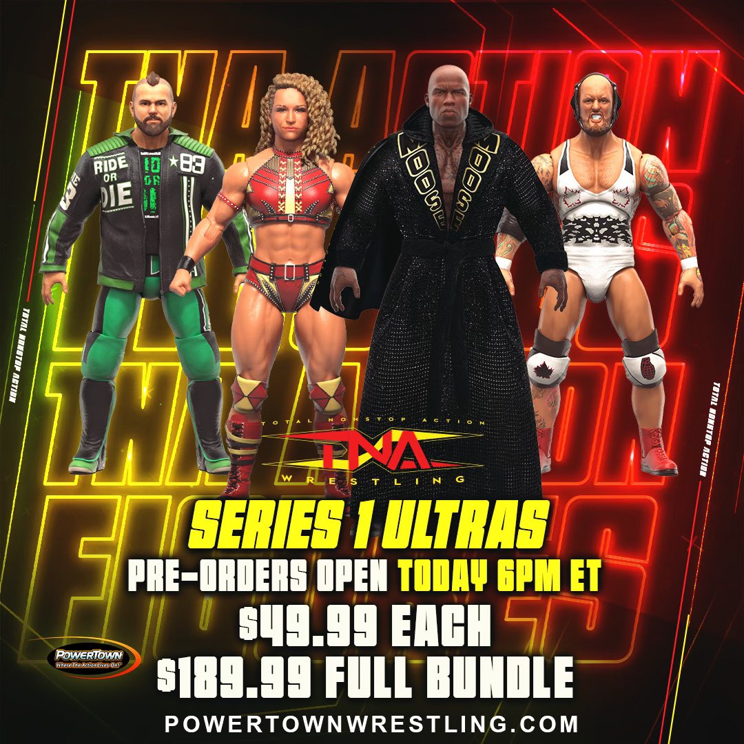 Get your individual TNA  Series 1 Ultras for $49.99 each or the complete Series 1 Bundle for $189.99! 📢 Tonight at 6 pm EST, head over to powertownwrestling.com to be among the first to grab these electrifying figures and elevate your wrestling collection to a whole new level!