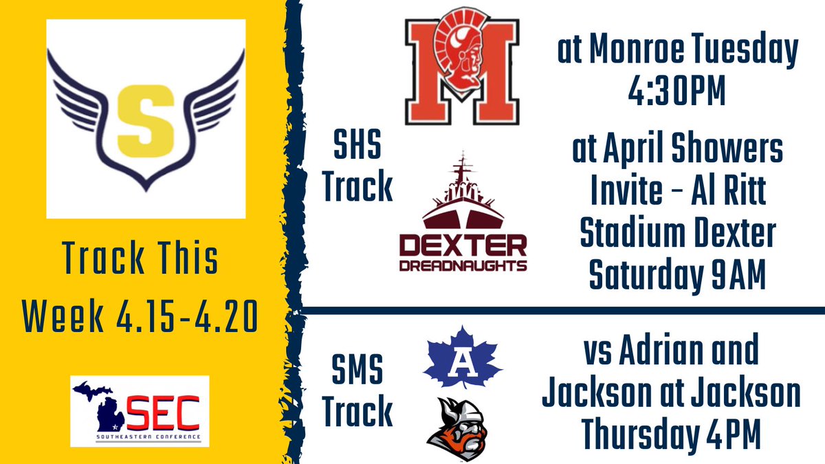 The Boys and Girls Track teams have an SEC meet this week, plus an invite with great competition on Saturday.  Run fast, throw and jump high/far, Hornets! And <a href="/SalineMSTrack/">SalineMSTrack</a> has their first conference meet this week - good luck! <a href="/SalineSpeed/">Saline Speed Men's T & F</a>