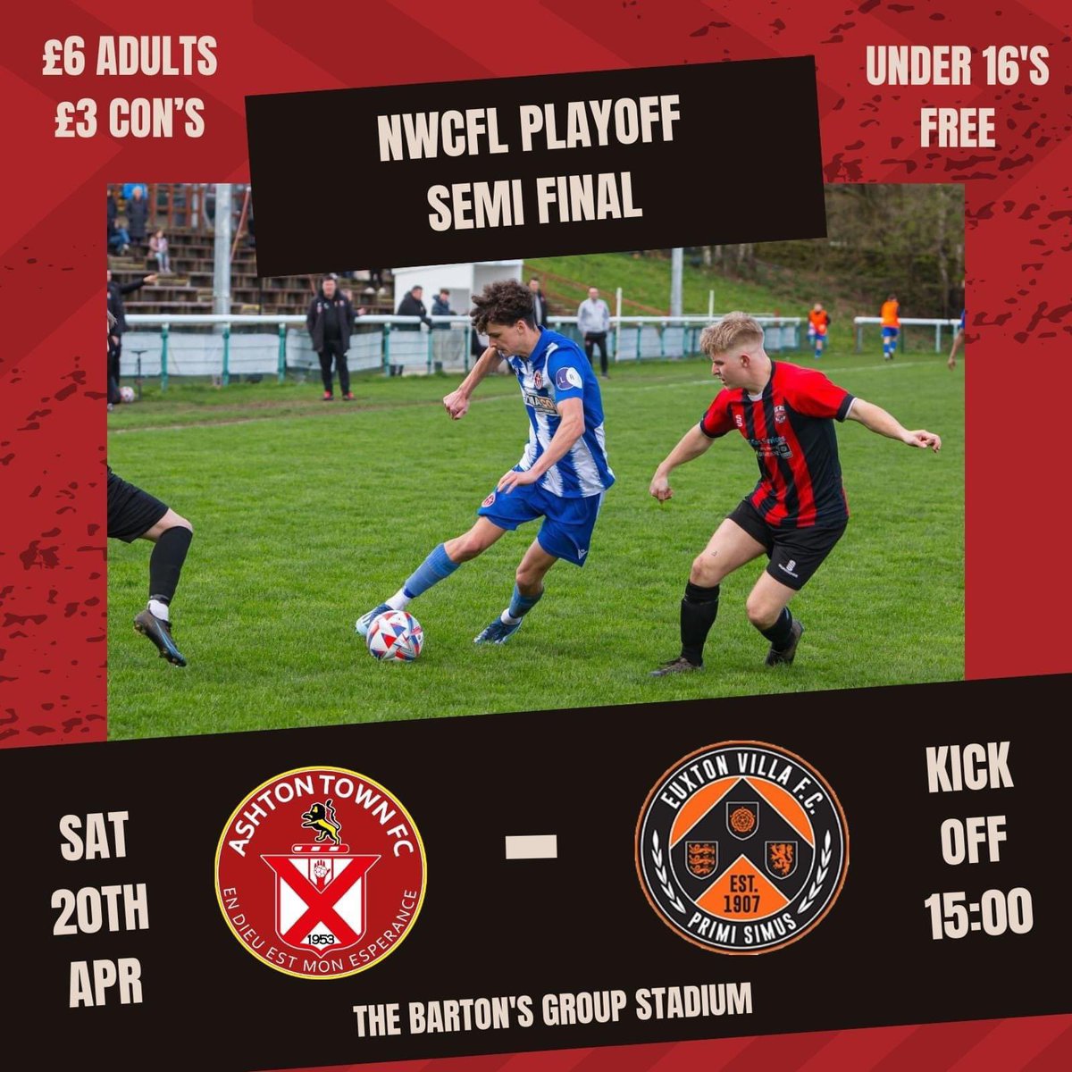 *PLAY-OFF SEMI-FINALS*
We head over to our friends at <a href="/ashtontownfc/">Ashton Town FC</a> for this one off semi-final leg this coming Saturday 20th 
Would be great to see as many Villa supporters, friends and family in Ashton getting behind the lads 👏👏